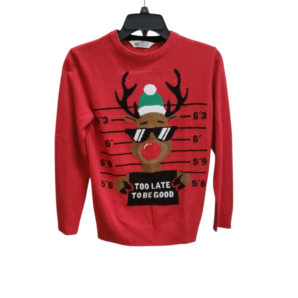 H & M Red Reindeer Christmas Sweater Youth Size 10-12 Long Sleeve Christmas